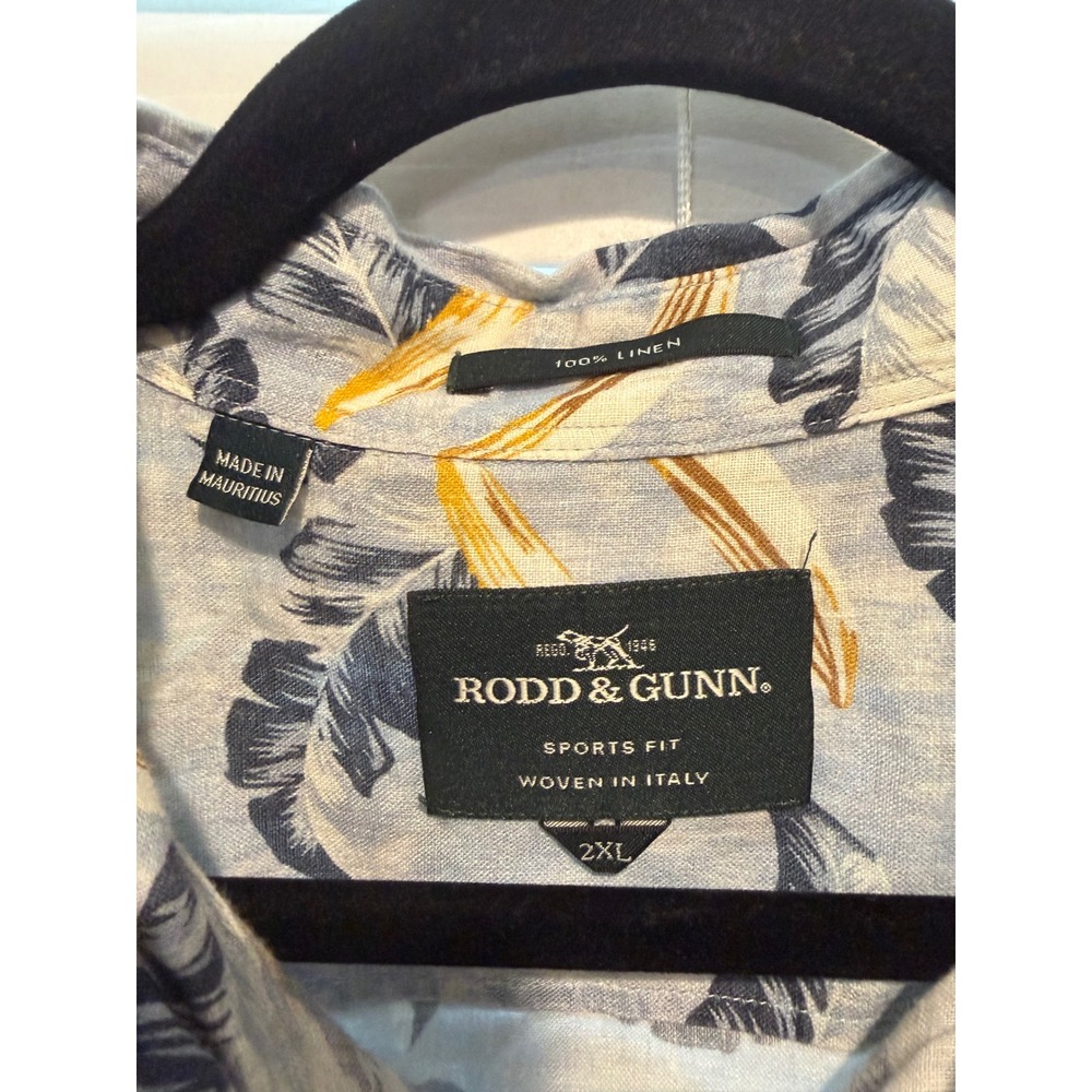 Rodd & Gunn Mens 2XL Blue Banana Leaf Print 100% Linen Sports Fit Shirt Italy - Picture 3 of 5